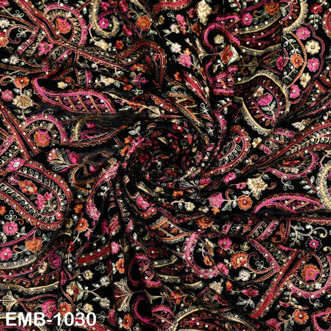 54" Black Embroidery Velvet Fabric by the yard for Indian Wedding Dress Regency Reticules, Victorian Handbags, Marie Antoinette Junk Journal