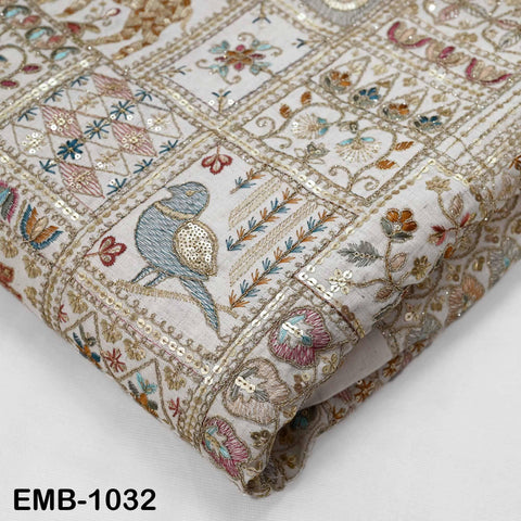 Indian Embroidered Unbleached Cotton Fabric by the Yard Flex Cotton Embroidery Summer Jackets Women Dresses Kids Bags Table Runner Sewing