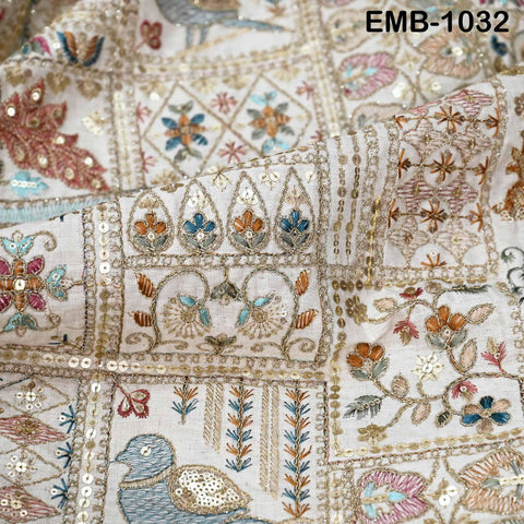 Indian Embroidered Unbleached Cotton Fabric by the Yard Flex Cotton Embroidery Summer Jackets Women Dresses Kids Bags Table Runner Sewing