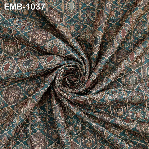 Green Embroidered Fabric by the yard Sewing DIY Crafting Embroidery Dresses Costumes Regency Reticules Victorian Handbags Junk Journals