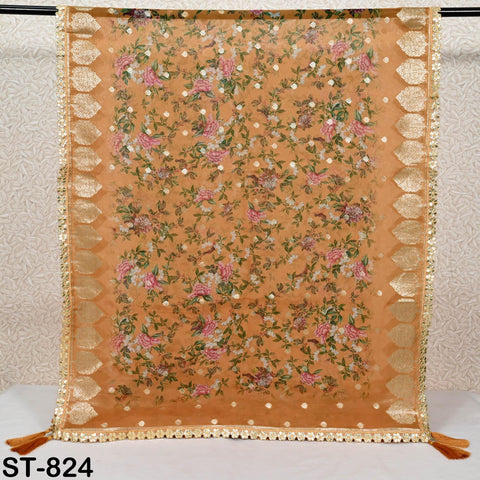 Mustard Floral Organza Dupatta | Gold Brocade Border | Indian Printed Wedding Scarf | Women Ethnic Bridal Party Wear Lightweight Dupatta