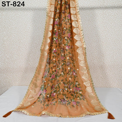 Mustard Floral Organza Dupatta | Gold Brocade Border | Indian Printed Wedding Scarf | Women Ethnic Bridal Party Wear Lightweight Dupatta