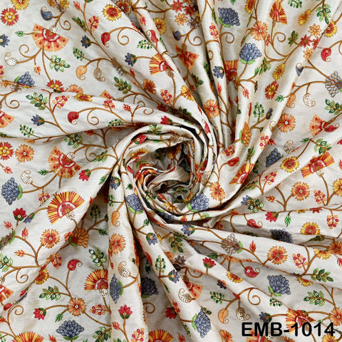 Beige Viscose Silk Embroidered Fabric by Yard: Floral Sequins, Crafting, Apparel, Home Decor