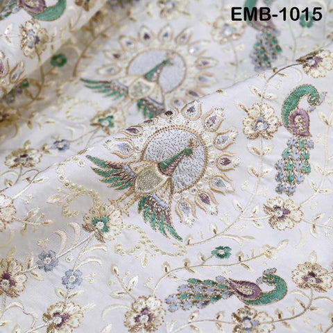White Embroidered Fabric by the yard Sewing Crafting Indian Embroidery Textile Wedding Dress Costumes Regency Reticules Victorian Handbags