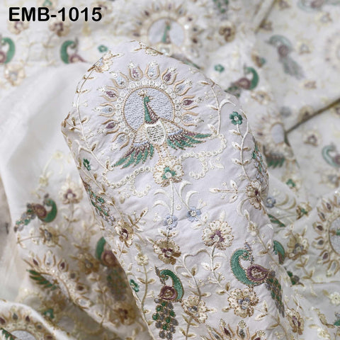 White Embroidered Fabric by the yard Sewing Crafting Indian Embroidery Textile Wedding Dress Costumes Regency Reticules Victorian Handbags