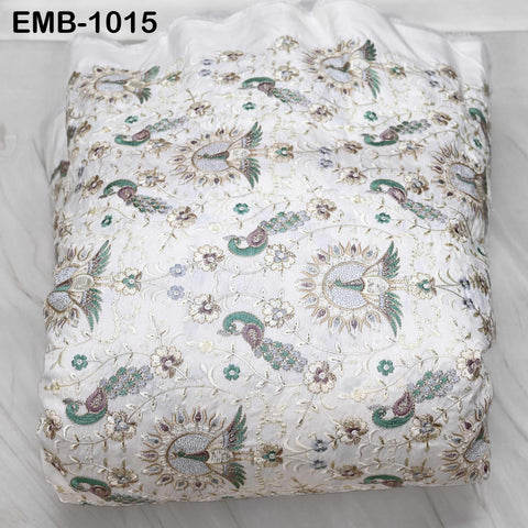White Embroidered Fabric by the yard Sewing Crafting Indian Embroidery Textile Wedding Dress Costumes Regency Reticules Victorian Handbags