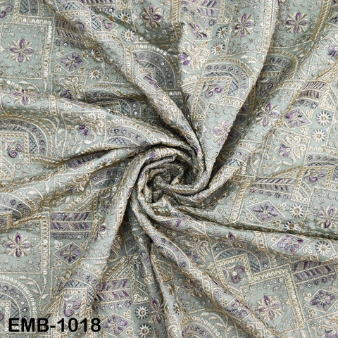 Pale mint Embroidery Fabric by the yard Sewing DIY Crafting Embroidered Indian Wedding Dress Costumes Victorian Bags Throw Pillow