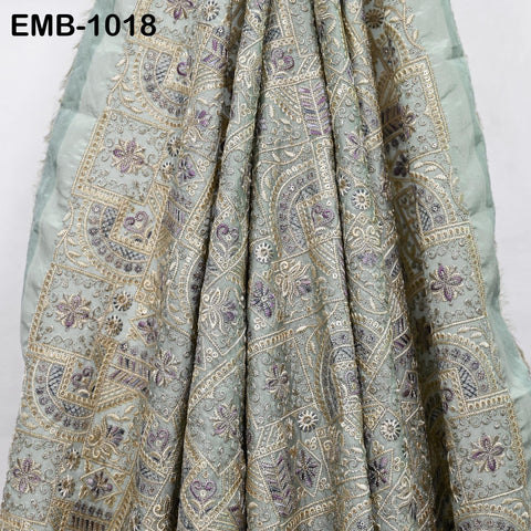 Pale mint Embroidery Fabric by the yard Sewing DIY Crafting Embroidered Indian Wedding Dress Costumes Victorian Bags Throw Pillow