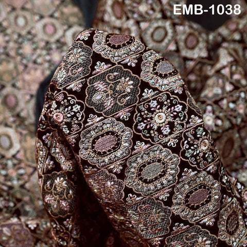 Brown Embroidery Velvet Fabric by the yard for wedding dresses Regency Reticules, Victorian Handbags, clutches Marie Antoinette Junk Journal
