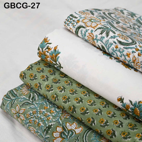 Block Printed Floral Cotton Fabric, Summer Dress, Sleepwear Pajamas Sewing Material by the Yard, Green and white