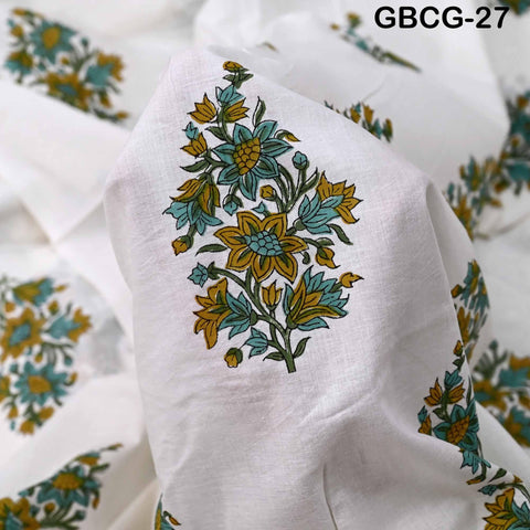Block Printed Floral Cotton Fabric, Summer Dress, Sleepwear Pajamas Sewing Material by the Yard, Green and white