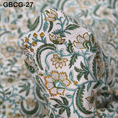 Block Printed Floral Cotton Fabric, Summer Dress, Sleepwear Pajamas Sewing Material by the Yard, Green and white