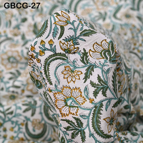 Block Printed Floral Cotton Fabric, Summer Dress, Sleepwear Pajamas Sewing Material by the Yard, Green and white