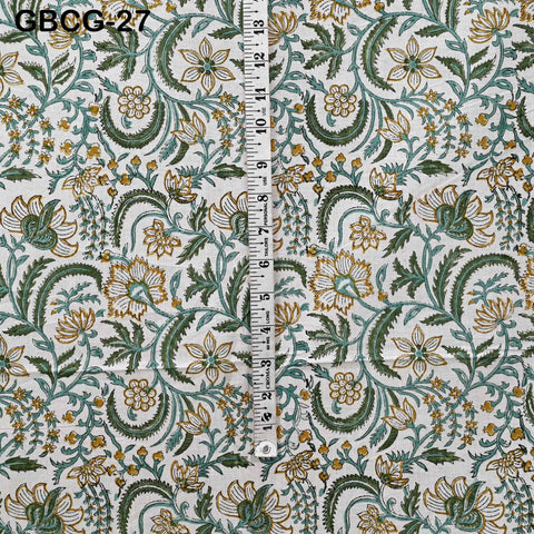 Block Printed Floral Cotton Fabric, Summer Dress, Sleepwear Pajamas Sewing Material by the Yard, Green and white