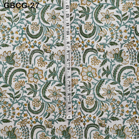Block Printed Floral Cotton Fabric, Summer Dress, Sleepwear Pajamas Sewing Material by the Yard, Green and white