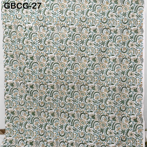 Block Printed Floral Cotton Fabric, Summer Dress, Sleepwear Pajamas Sewing Material by the Yard, Green and white