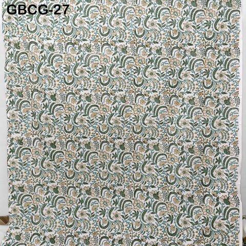 Block Printed Floral Cotton Fabric, Summer Dress, Sleepwear Pajamas Sewing Material by the Yard, Green and white