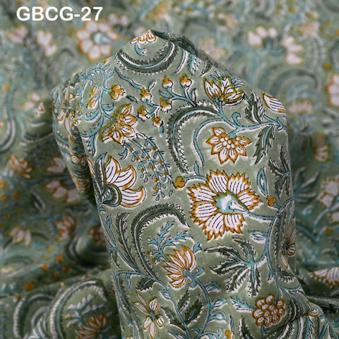 Block Printed Floral Cotton Fabric, Summer Dress, Sleepwear Pajamas Sewing Material by the Yard, Green and white