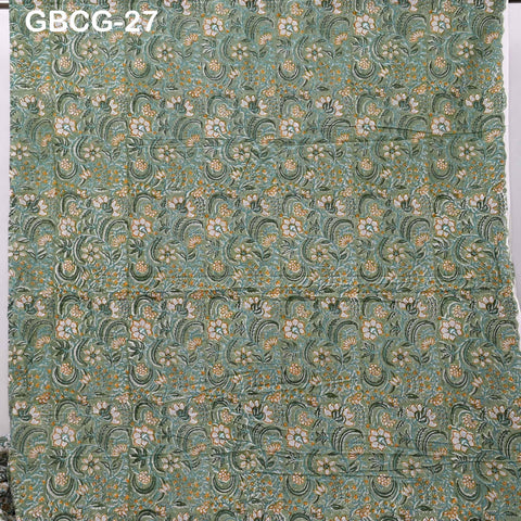 Block Printed Floral Cotton Fabric, Summer Dress, Sleepwear Pajamas Sewing Material by the Yard, Green and white