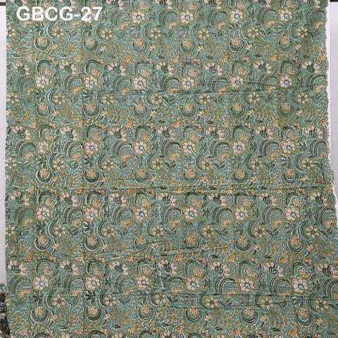 Block Printed Floral Cotton Fabric, Summer Dress, Sleepwear Pajamas Sewing Material by the Yard, Green and white