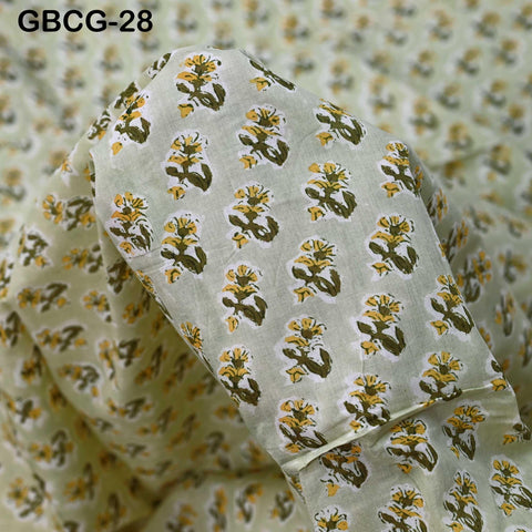 Block-Printed Floral Cotton Fabric, Summer Dress Sewing Material by the Yard, Green, Pink