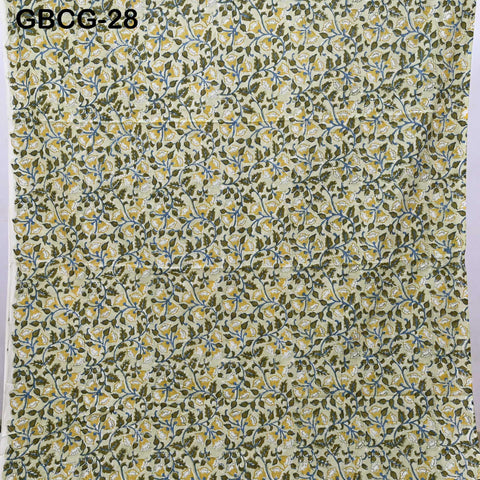 Block-Printed Floral Cotton Fabric, Summer Dress Sewing Material by the Yard, Green, Pink