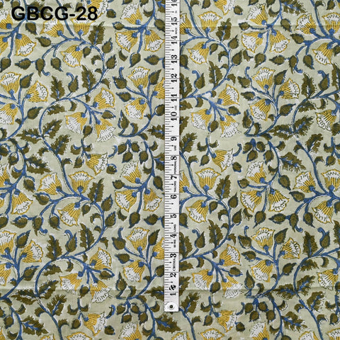 Block-Printed Floral Cotton Fabric, Summer Dress Sewing Material by the Yard, Green, Pink