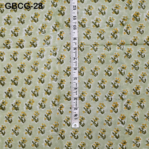Block-Printed Floral Cotton Fabric, Summer Dress Sewing Material by the Yard, Green, Pink