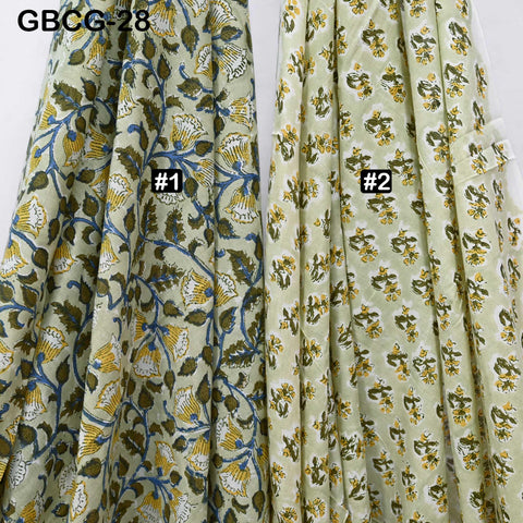 Block-Printed Floral Cotton Fabric, Summer Dress Sewing Material by the Yard, Green, Pink