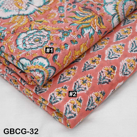 Block-Printed Floral Cotton Fabric, Summer Dress Sewing Material by the Yard, Green, Pink