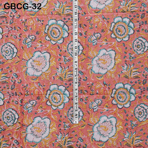 Block-Printed Floral Cotton Fabric, Summer Dress Sewing Material by the Yard, Green, Pink