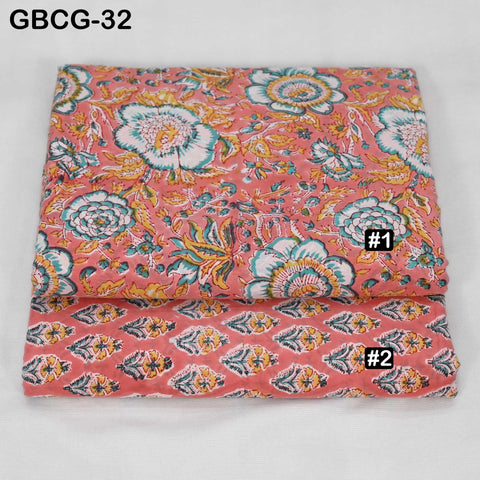 Block-Printed Floral Cotton Fabric, Summer Dress Sewing Material by the Yard, Green, Pink
