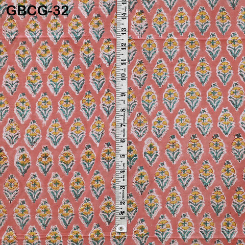 Block-Printed Floral Cotton Fabric, Summer Dress Sewing Material by the Yard, Green, Pink