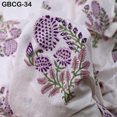 Block-Printed Floral Cotton Fabric, Summer Dress Sewing Material by the Yard, Green, Pink
