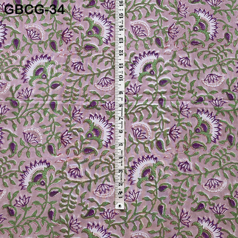 Block-Printed Floral Cotton Fabric, Summer Dress Sewing Material by the Yard, Green, Pink