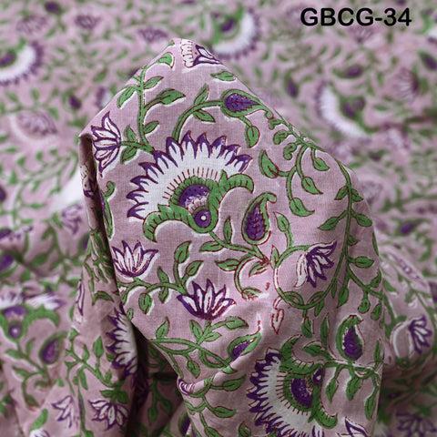 Block-Printed Floral Cotton Fabric, Summer Dress Sewing Material by the Yard, Green, Pink