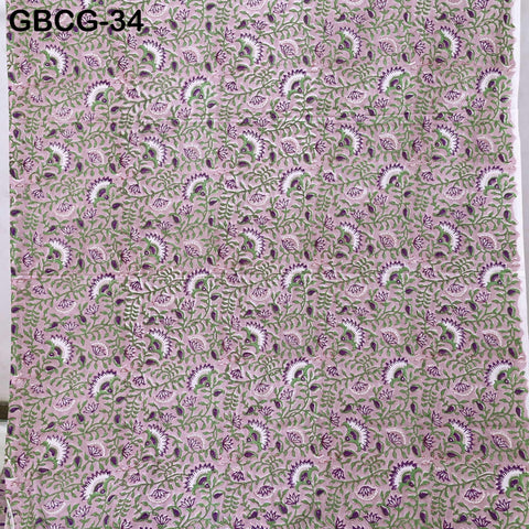 Block-Printed Floral Cotton Fabric, Summer Dress Sewing Material by the Yard, Green, Pink