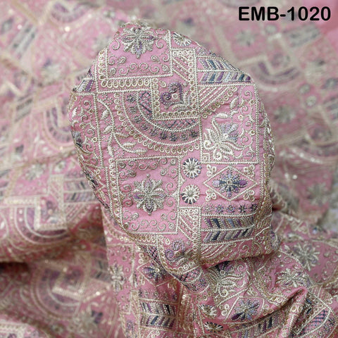 Pink Embroidery Fabric by the yard Sewing Crafting Embroidered Indian Wedding Dress Costumes Victorian Bags Throw Pillow Junk Journals
