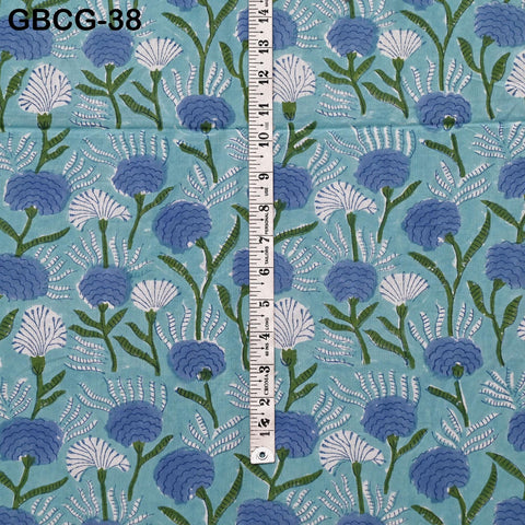 Block Printed Floral Cotton Fabric, Summer Dress, Sleepwear Pajamas Sewing Material by the Yard, Green and white
