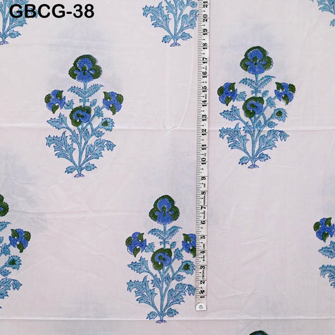 Block Printed Floral Cotton Fabric, Summer Dress, Sleepwear Pajamas Sewing Material by the Yard, Green and white