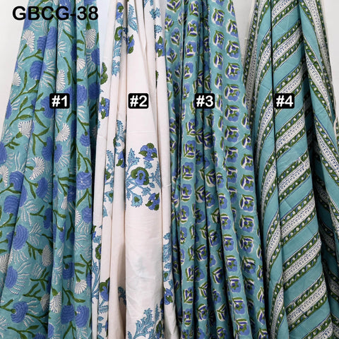 Block Printed Floral Cotton Fabric, Summer Dress, Sleepwear Pajamas Sewing Material by the Yard, Green and white