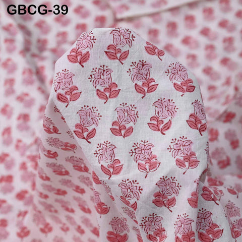 Block-Printed Floral Cotton Fabric, Summer Dress, Sleepwear Pajamas Sewing Material by the Yard, Pink and White