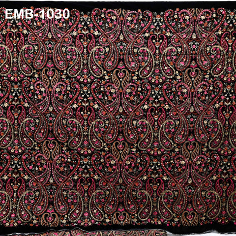 54" Black Embroidery Velvet Fabric by the yard for Indian Wedding Dress Regency Reticules, Victorian Handbags, Marie Antoinette Junk Journal