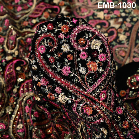 54" Black Embroidery Velvet Fabric by the yard for Indian Wedding Dress Regency Reticules, Victorian Handbags, Marie Antoinette Junk Journal