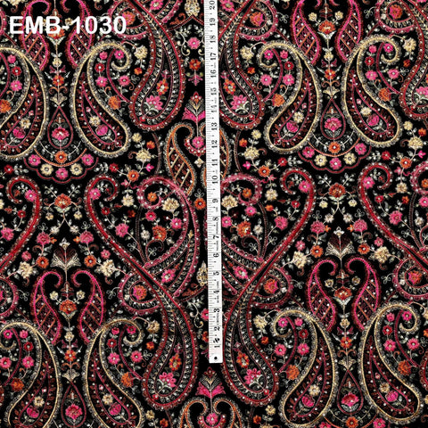54" Black Embroidery Velvet Fabric by the yard for Indian Wedding Dress Regency Reticules, Victorian Handbags, Marie Antoinette Junk Journal