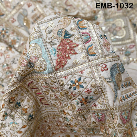 Indian Embroidered Unbleached Cotton Fabric by the Yard Flex Cotton Embroidery Summer Jackets Women Dresses Kids Bags Table Runner Sewing