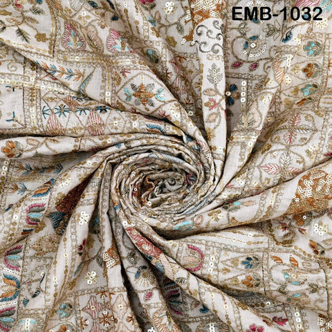 Indian Embroidered Unbleached Cotton Fabric by the Yard Flex Cotton Embroidery Summer Jackets Women Dresses Kids Bags Table Runner Sewing