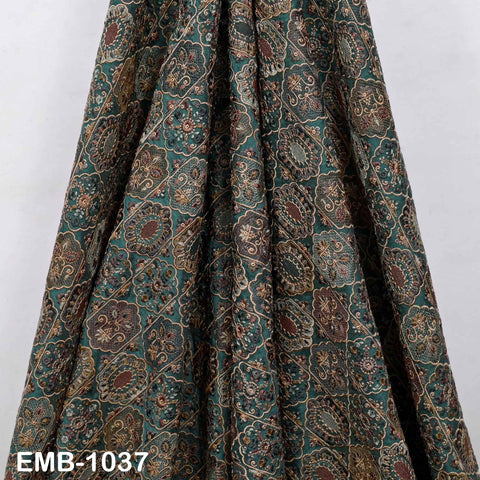 Green Embroidered Fabric by the yard Sewing DIY Crafting Embroidery Dresses Costumes Regency Reticules Victorian Handbags Junk Journals