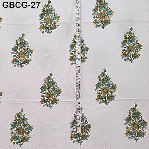 Block Printed Floral Cotton Fabric, Summer Dress, Sleepwear Pajamas Sewing Material by the Yard, Green and white
