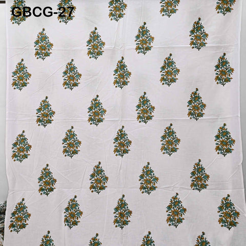 Block Printed Floral Cotton Fabric, Summer Dress, Sleepwear Pajamas Sewing Material by the Yard, Green and white